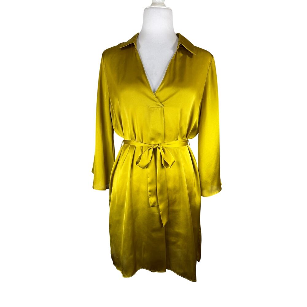 Zara Women's Mustard Yellow Satin Belted Collard Tunic Dress Medium
